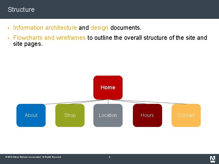 Structure § Information architecture and design documents. § Flowcharts and wireframes to outline the
