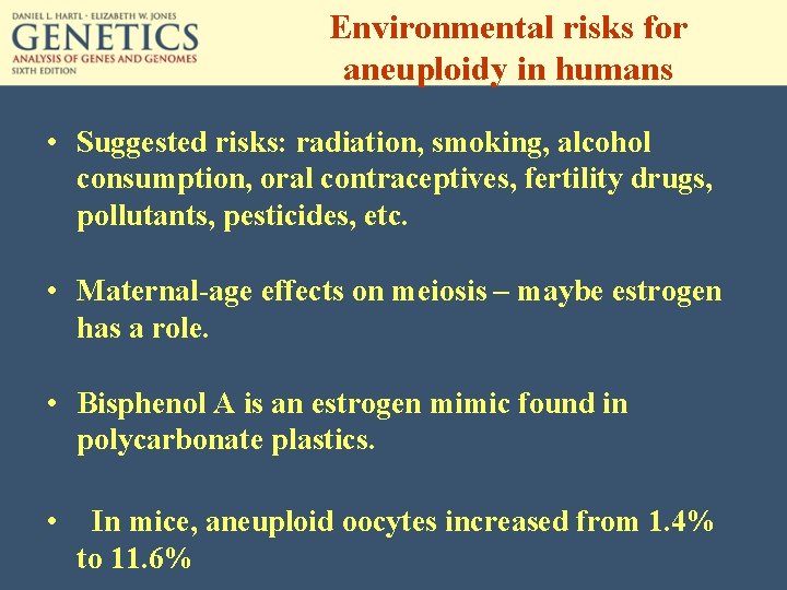 Environmental risks for aneuploidy in humans • Suggested risks: radiation, smoking, alcohol consumption, oral