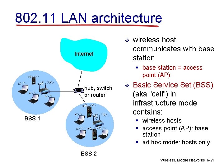 802. 11 LAN architecture v Internet wireless host communicates with base station § base