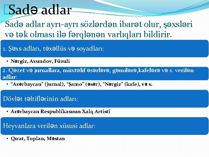 � Sadə adlar ayrı-ayrı sözlərdən ibarət olur, şəxsləri və tək olması ilə fərqlənən varlıqları