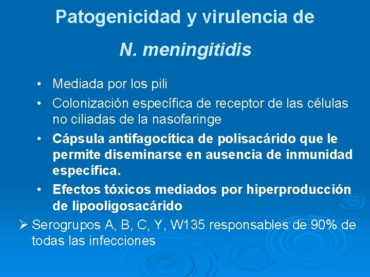 Patogenicidad y virulencia de N. meningitidis • Mediada por los pili • Colonización específica