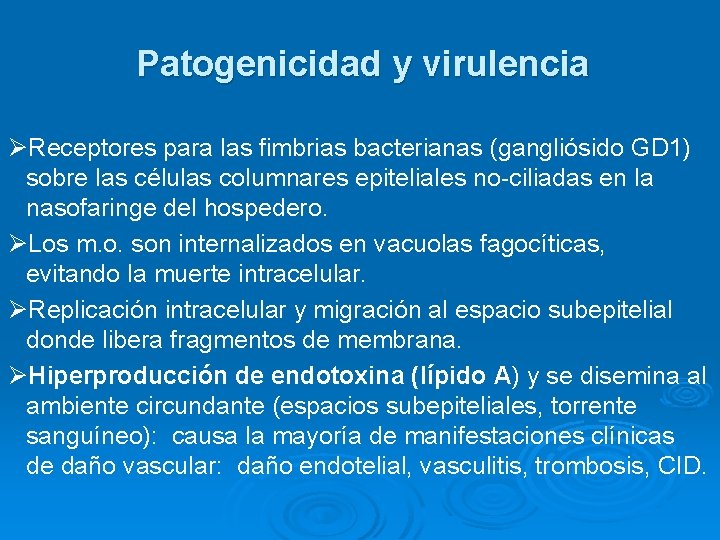 Patogenicidad y virulencia ØReceptores para las fimbrias bacterianas (gangliósido GD 1) sobre las células