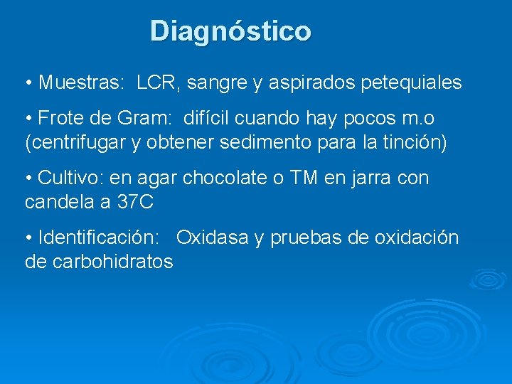 Diagnóstico • Muestras: LCR, sangre y aspirados petequiales • Frote de Gram: difícil cuando