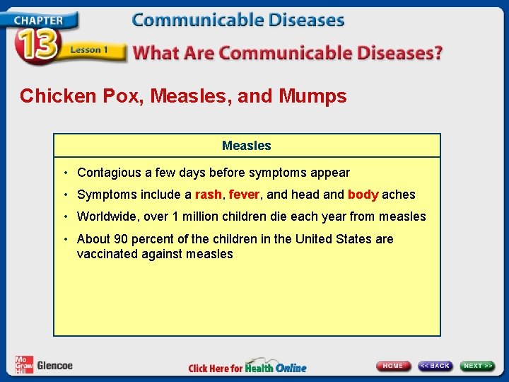 Chicken Pox, Measles, and Mumps Measles • Contagious a few days before symptoms appear