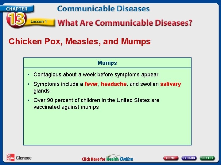 Chicken Pox, Measles, and Mumps • Contagious about a week before symptoms appear •
