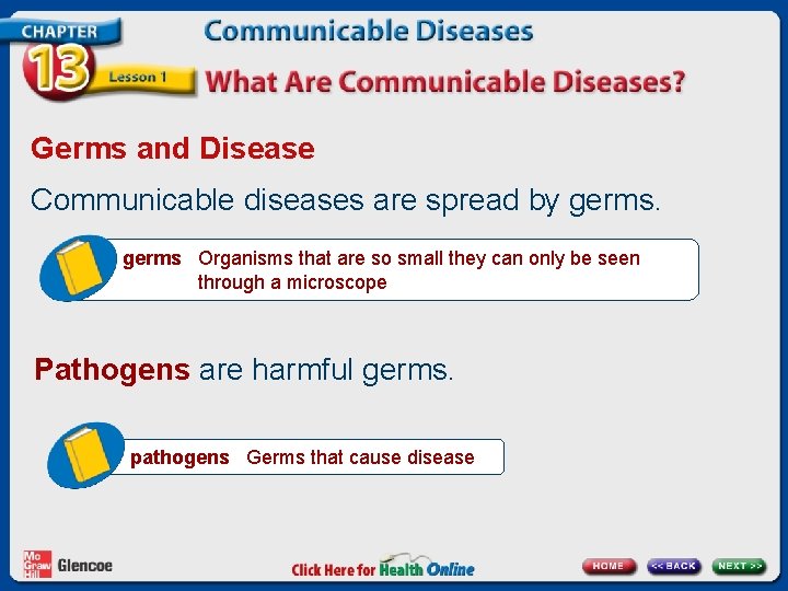 Germs and Disease Communicable diseases are spread by germs Organisms that are so small