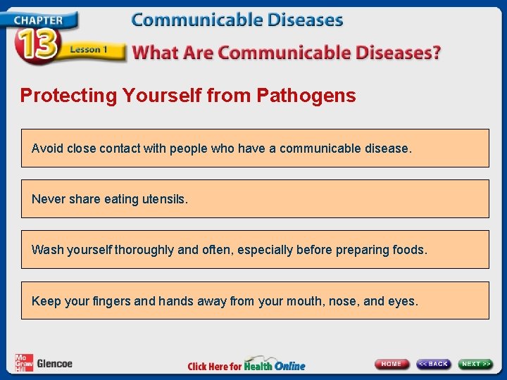 Protecting Yourself from Pathogens Avoid close contact with people who have a communicable disease.