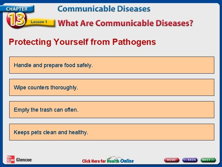 Protecting Yourself from Pathogens Handle and prepare food safely. Wipe counters thoroughly. Empty the