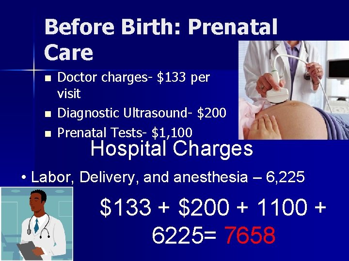 Before Birth: Prenatal Care n n n Doctor charges- $133 per visit Diagnostic Ultrasound-