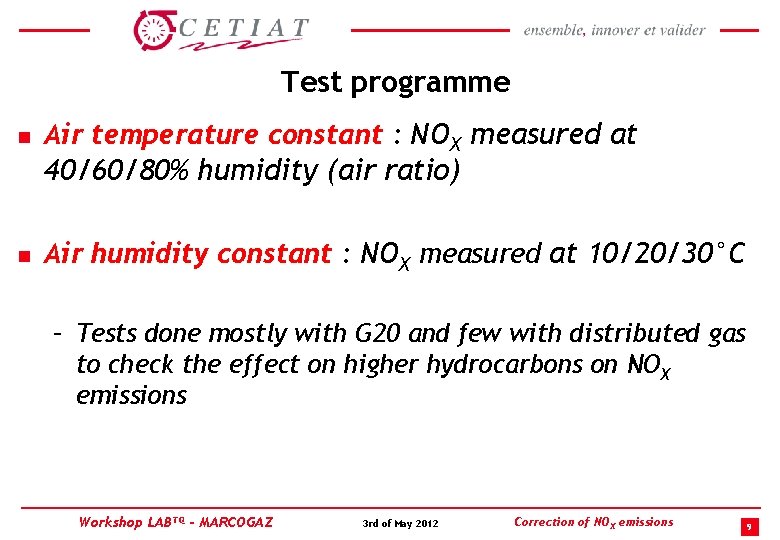Test programme n Air temperature constant : NOX measured at 40/60/80% humidity (air ratio)