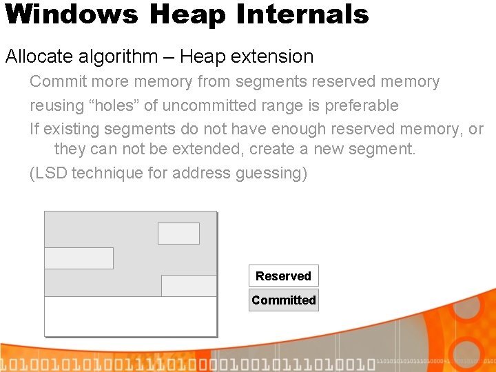 Windows Heap Internals Allocate algorithm – Heap extension Commit more memory from segments reserved