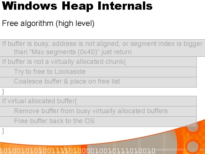 Windows Heap Internals Free algorithm (high level) If buffer is busy, address is not