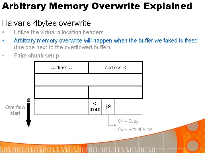 Arbitrary Memory Overwrite Explained Halvar’s 4 bytes overwrite § § § Utilize the virtual
