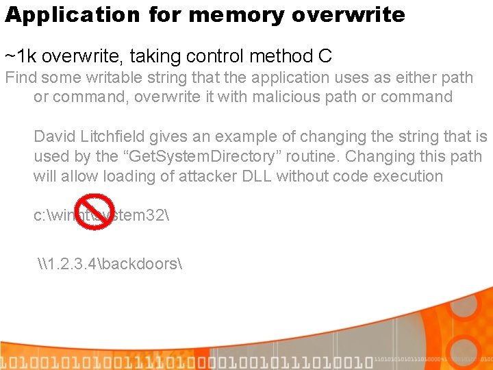 Application for memory overwrite ~1 k overwrite, taking control method C Find some writable