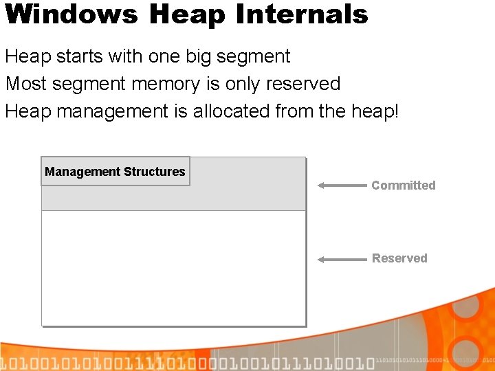 Windows Heap Internals Heap starts with one big segment Most segment memory is only