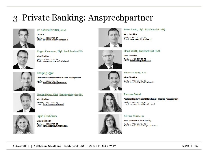 3. Private Banking: Ansprechpartner Präsentation | Raiffeisen Privatbank Liechtenstein AG | Vaduz im März