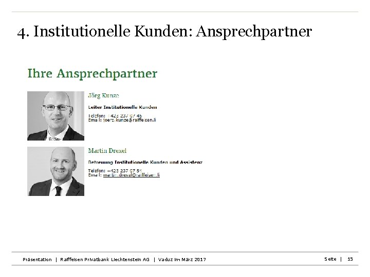 4. Institutionelle Kunden: Ansprechpartner Präsentation | Raiffeisen Privatbank Liechtenstein AG | Vaduz im März
