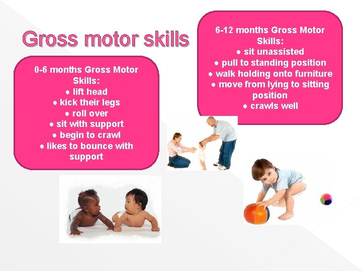 Gross motor skills 0 -6 months Gross Motor Skills: ● lift head ● kick