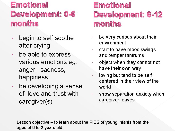 Emotional Development: 0 -6 months begin to self soothe after crying be able to
