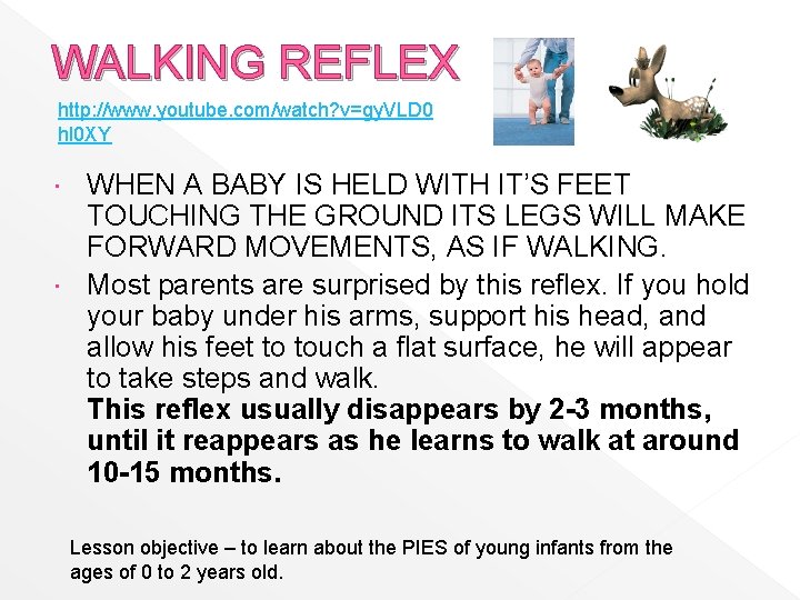 WALKING REFLEX http: //www. youtube. com/watch? v=gy. VLD 0 hl 0 XY WHEN A
