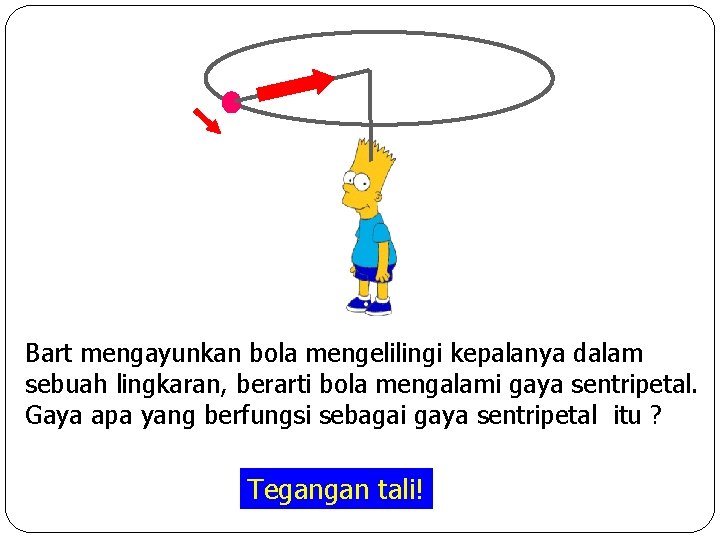 Bart mengayunkan bola mengelilingi kepalanya dalam sebuah lingkaran, berarti bola mengalami gaya sentripetal. Gaya