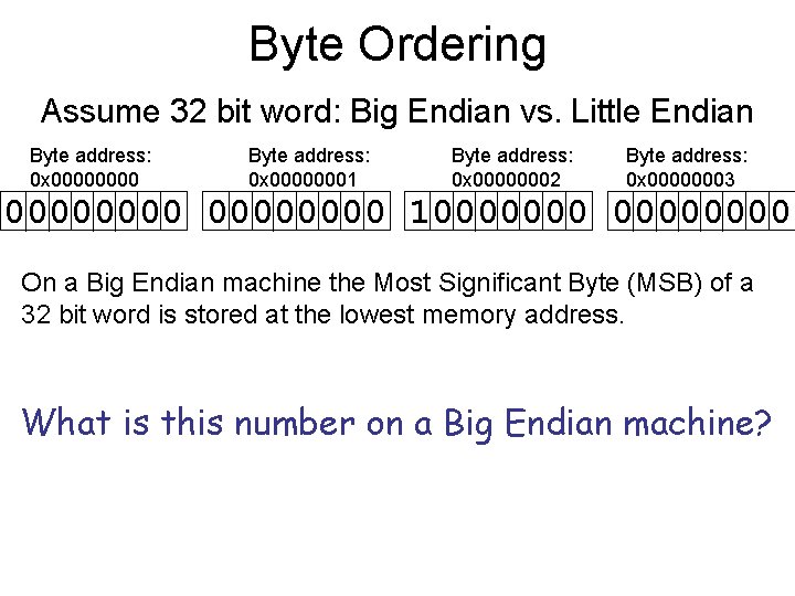 Byte Ordering Assume 32 bit word: Big Endian vs. Little Endian Byte address: 0