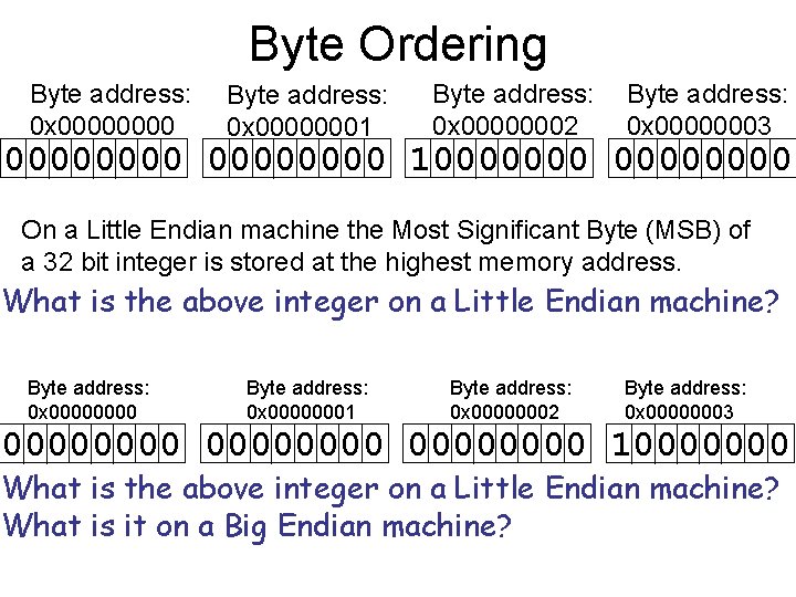 Byte Ordering Byte address: 0 x 00000001 Byte address: 0 x 00000002 Byte address: