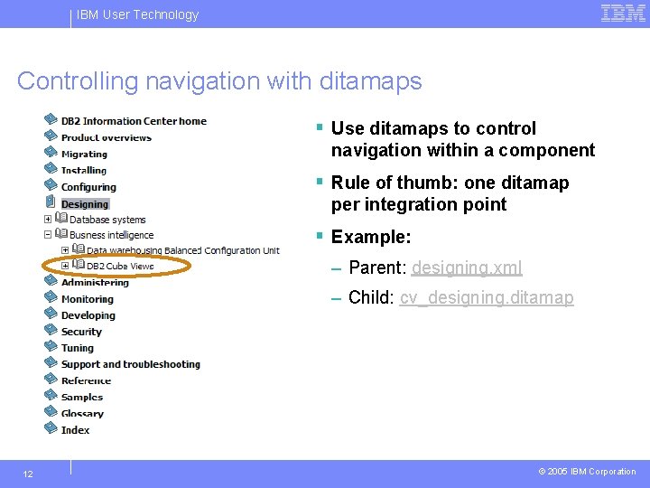 IBM User Technology Controlling navigation with ditamaps § Use ditamaps to control navigation within