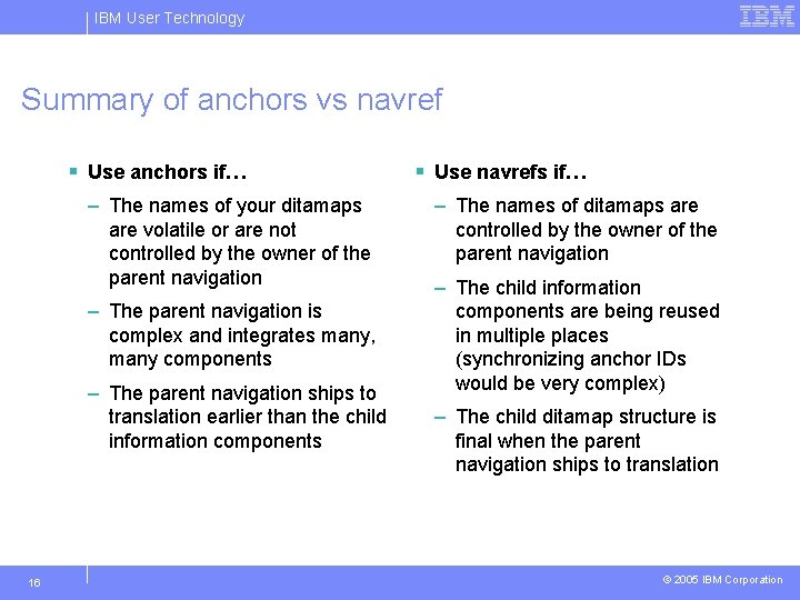 IBM User Technology Summary of anchors vs navref § Use anchors if… – The