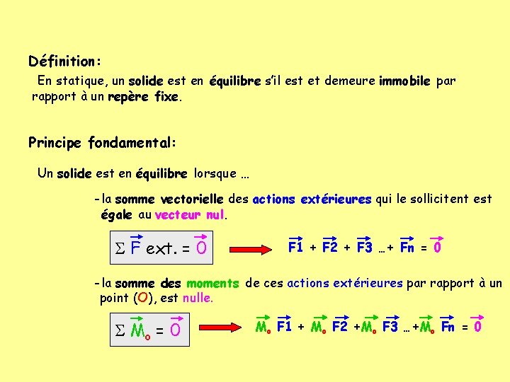 Définition: En statique, un solide est en équilibre s’il est et demeure immobile par