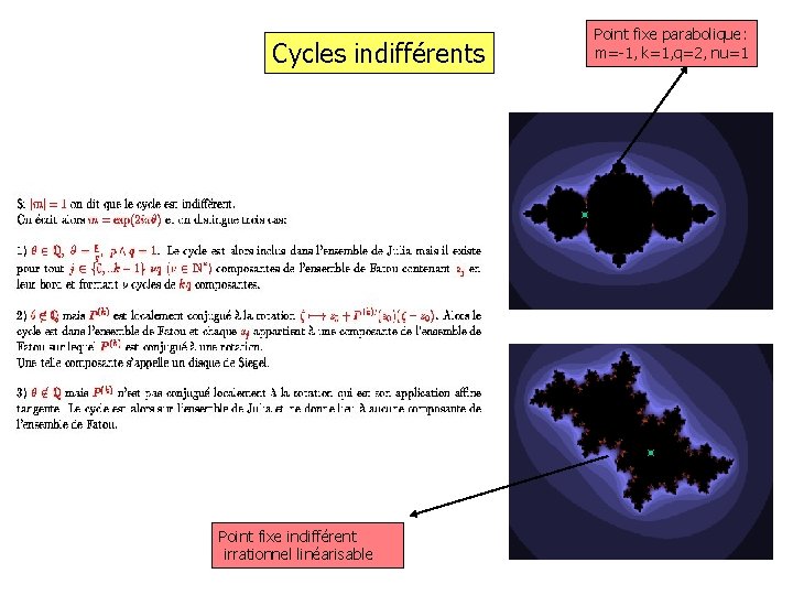 Cycles indifférents Point fixe indifférent irrationnel linéarisable Point fixe parabolique: m=-1, k=1, q=2, nu=1