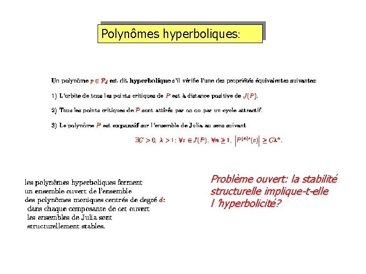 Polynômes hyperboliques: Problème ouvert: la stabilité structurelle implique-t-elle l ’hyperbolicité? 