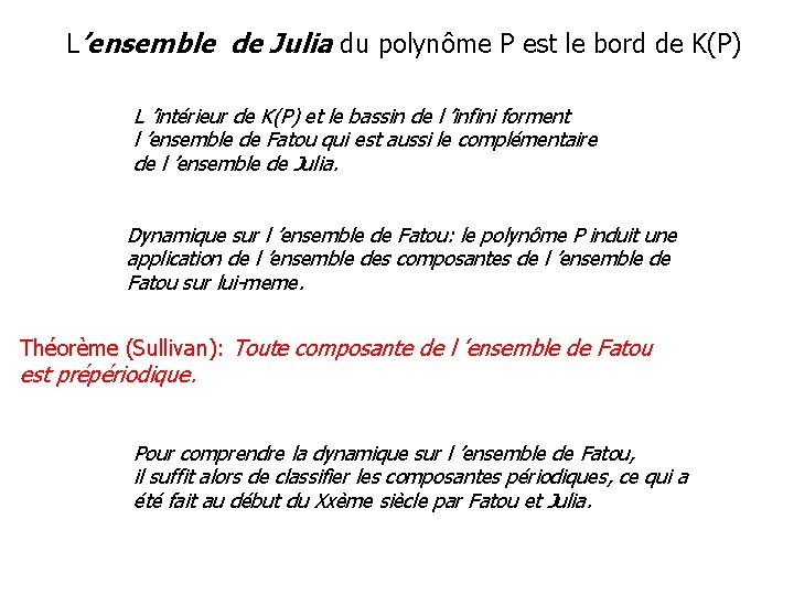  L’ensemble de Julia du polynôme P est le bord de K(P) L ’intérieur