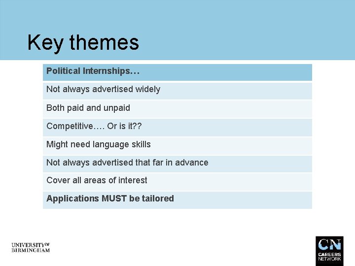 Key themes Political Internships… Not always advertised widely Both paid and unpaid Competitive…. Or
