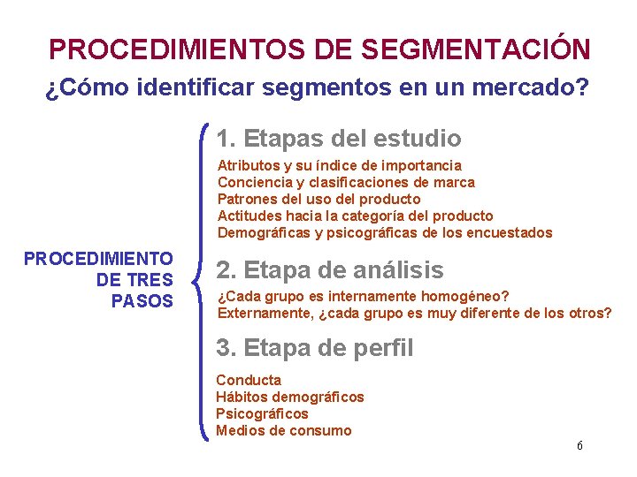 PROCEDIMIENTOS DE SEGMENTACIÓN ¿Cómo identificar segmentos en un mercado? 1. Etapas del estudio Atributos