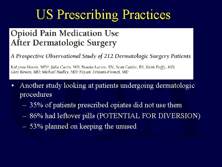 US Prescribing Practices • Another study looking at patients undergoing dermatologic procedures – 35%