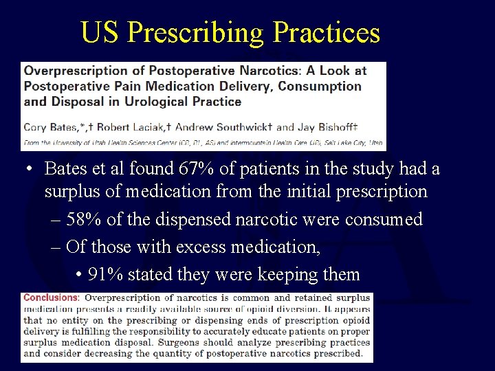 US Prescribing Practices • Bates et al found 67% of patients in the study