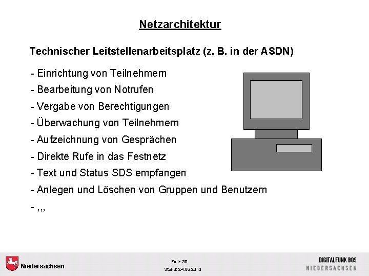 Netzarchitektur Technischer Leitstellenarbeitsplatz (z. B. in der ASDN) - Einrichtung von Teilnehmern - Bearbeitung