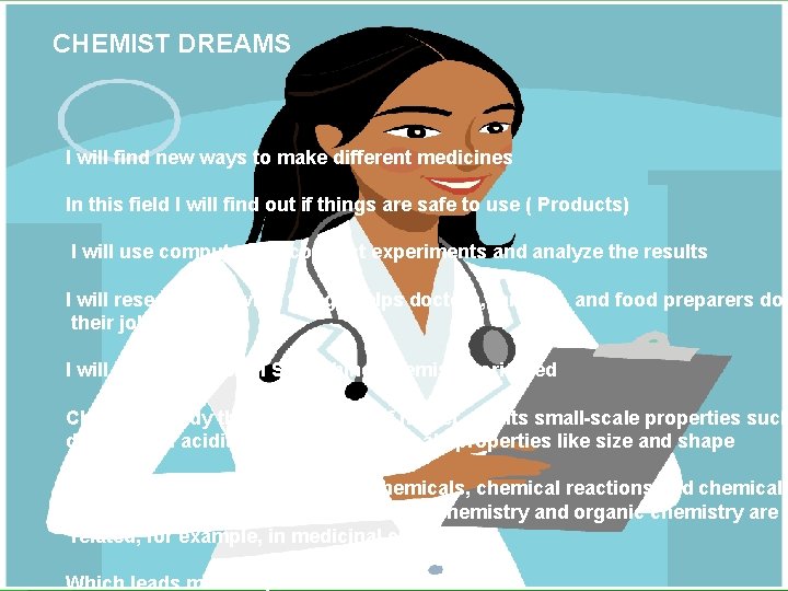 CHEMIST DREAMS I will find new ways to make different medicines In this field