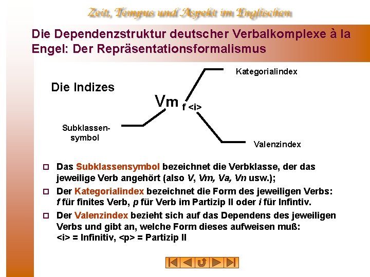 Die Dependenzstruktur deutscher Verbalkomplexe à la Engel: Der Repräsentationsformalismus Kategorialindex Die Indizes Subklassen symbol