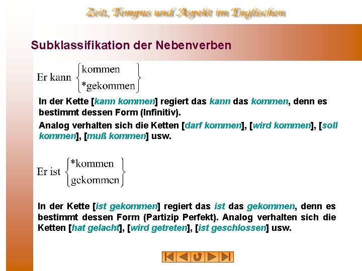 Subklassifikation der Nebenverben In der Kette [kann kommen] regiert das kann das kommen, denn