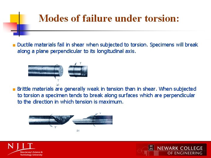 Modes of failure under torsion: ■ Ductile materials fail in shear when subjected to