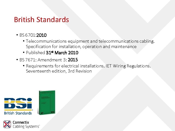 British Standards • BS 6701: 2010 • Telecommunications equipment and telecommunications cabling. Specification for