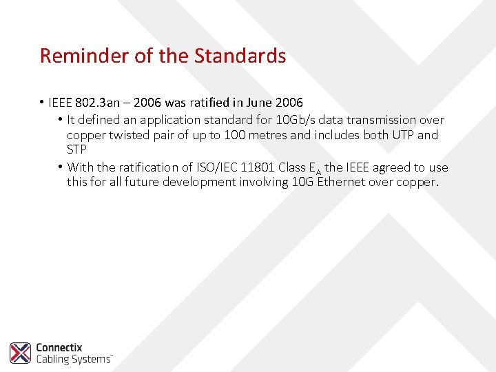 Reminder of the Standards • IEEE 802. 3 an – 2006 was ratified in