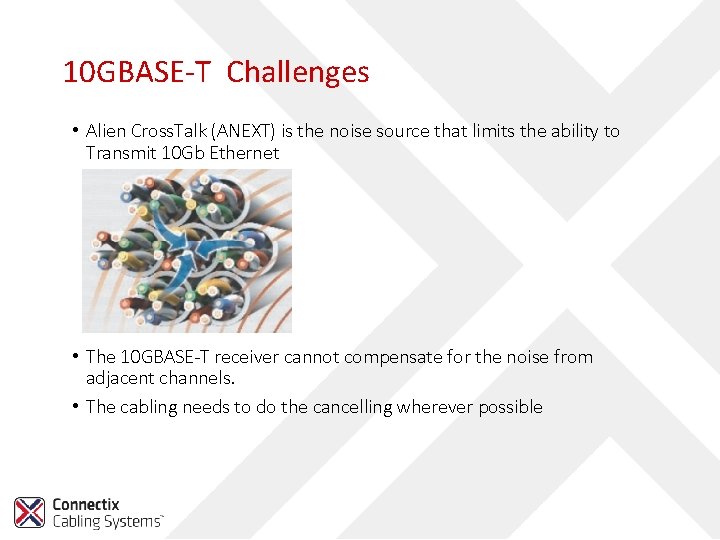 10 GBASE-T Challenges • Alien Cross. Talk (ANEXT) is the noise source that limits