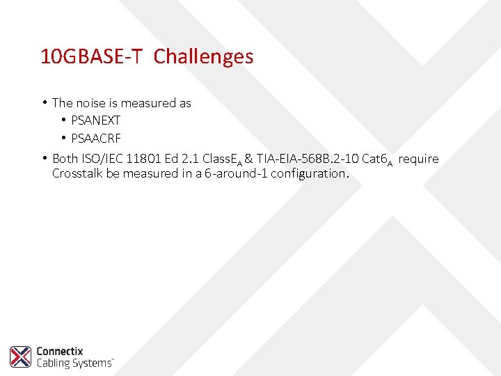 10 GBASE-T Challenges • The noise is measured as • PSANEXT • PSAACRF •