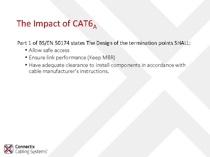 The Impact of CAT 6 A Part 1 of BS/EN 50174 states The Design