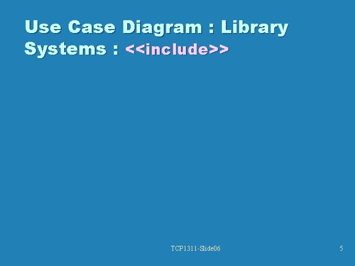Use Case Diagram : Library Systems : <<include>> TCP 1311 -Slide 06 5 Use Case Diagram : Library Systems : <<include>> TCP 1311 -Slide 06 5
