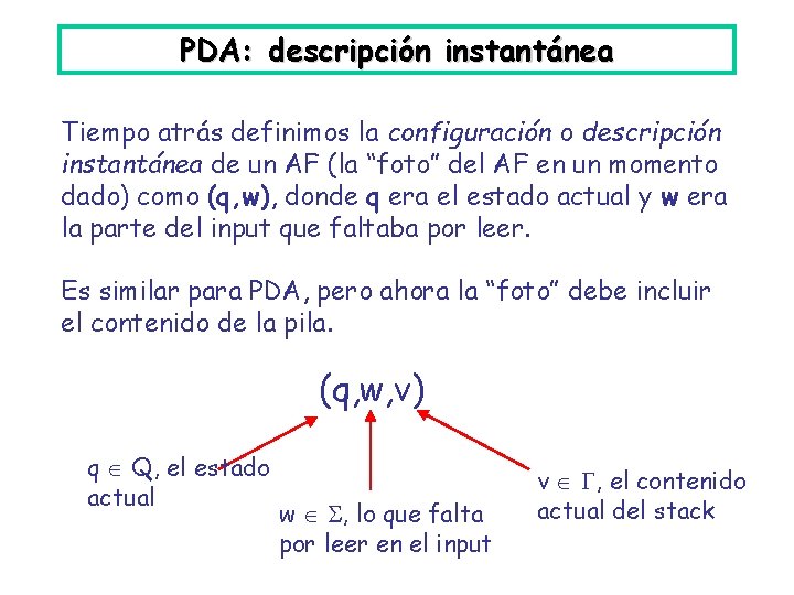 PDA: descripción instantánea Tiempo atrás definimos la configuración o descripción instantánea de un AF