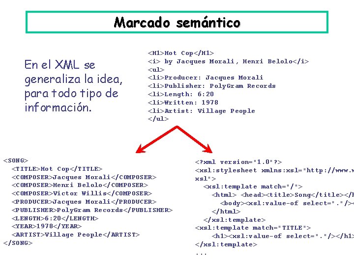 Marcado semántico En el XML se generaliza la idea, para todo tipo de información.